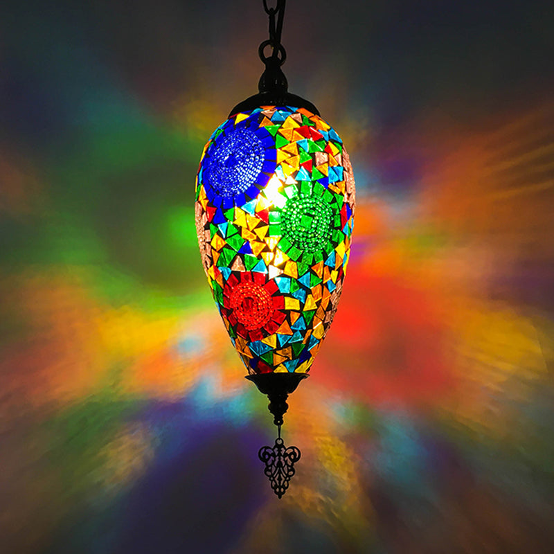 Hand-Cut Glass Pendant Lamp Kit - Traditional Urn Style (1 Head) Red/Yellow/Blue