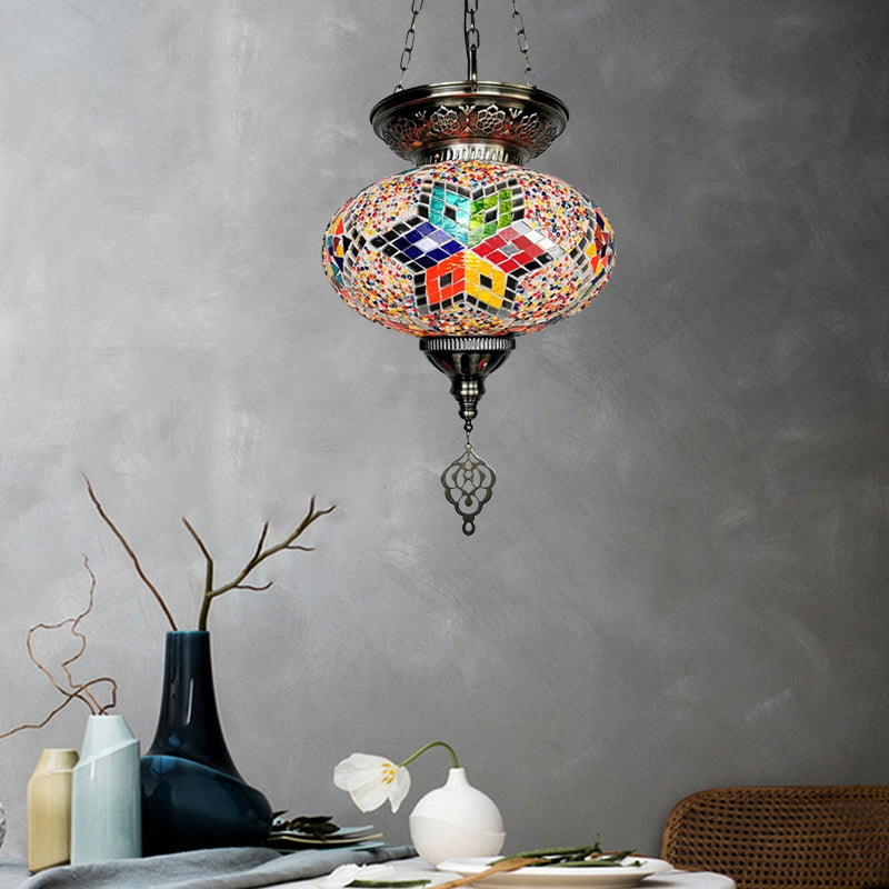 Traditional Stained Glass Red/Blue Pendant Light - Oval Ceiling Hanging Fixture Red