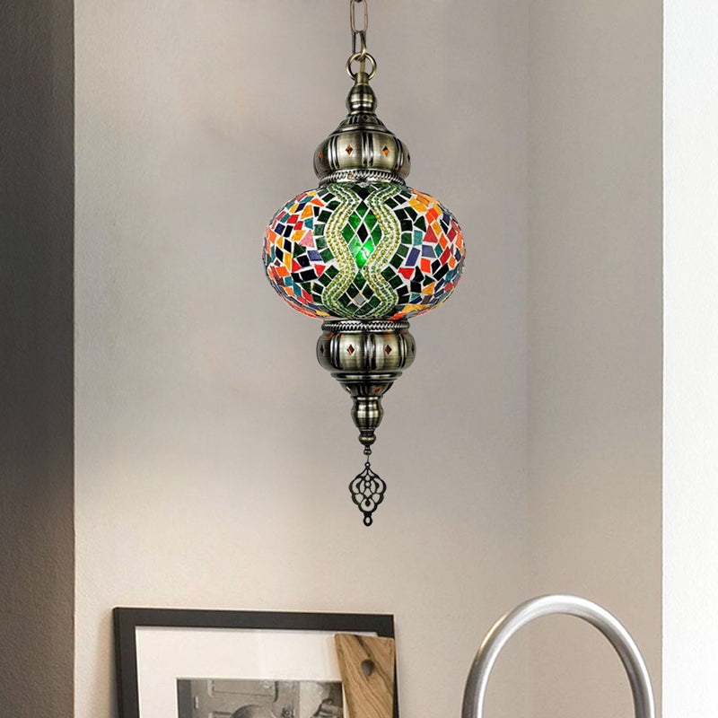 Vintage Stained Glass Pendant Lamp - Red/Orange/Green Oval Single Head Suspension Lighting