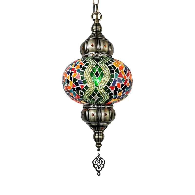 Vintage Stained Glass Pendant Lamp - Red/Orange/Green Oval Single Head Suspension Lighting