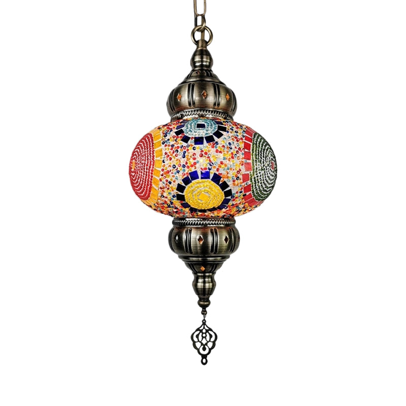 Vintage Stained Glass Pendant Lamp - Red/Orange/Green Oval Single Head Suspension Lighting