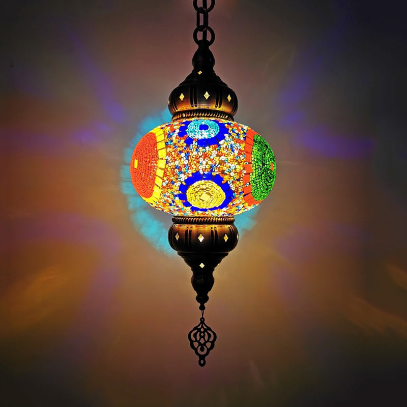 Vintage Stained Glass Pendant Lamp - Red/Orange/Green Oval Single Head Suspension Lighting