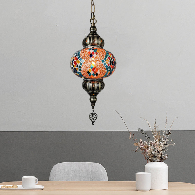 Vintage Stained Glass Pendant Lamp - Red/Orange/Green Oval Single Head Suspension Lighting
