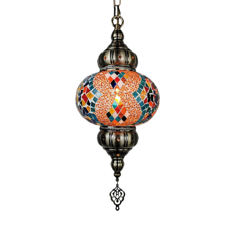 Vintage Stained Glass Pendant Lamp - Red/Orange/Green Oval Single Head Suspension Lighting