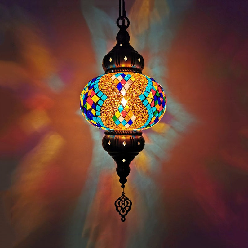 Vintage Stained Glass Pendant Lamp - Red/Orange/Green Oval Single Head Suspension Lighting