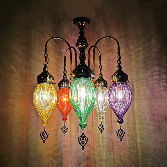 Traditional 5-Head Gourd Chandelier Light With Ribbed Red/Yellow/Green Glass Red