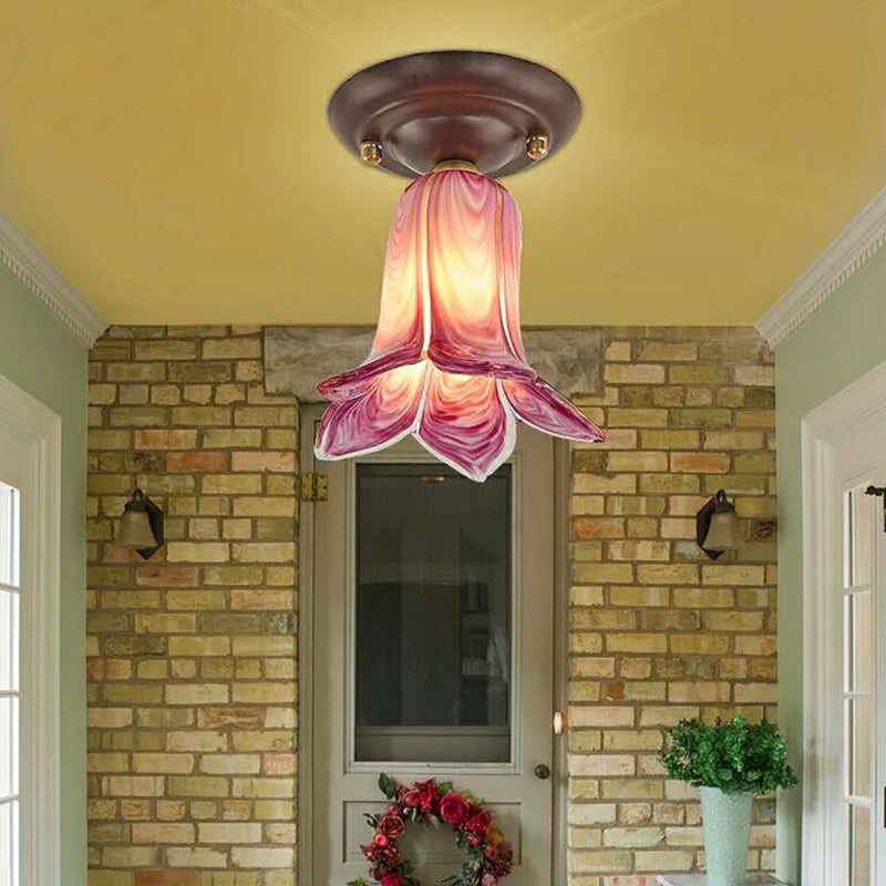 Countryside 1-Light Metal Ceiling Lamp for Living Room LED Flush Mount Lighting - Lily/Tulip Design in White/Yellow/Purple