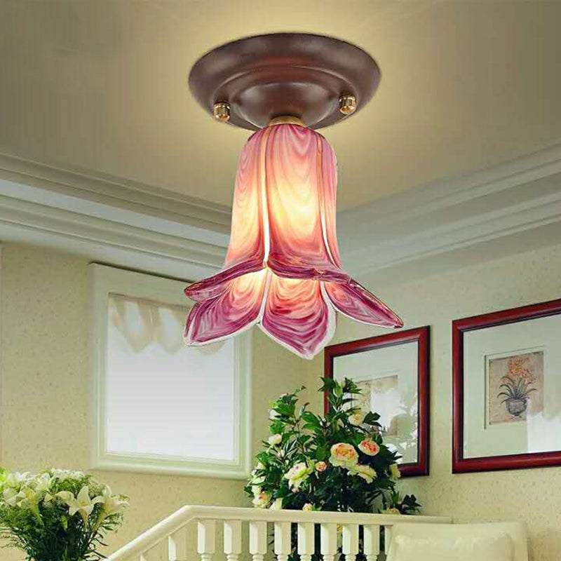 Countryside 1-Light Metal Ceiling Lamp for Living Room LED Flush Mount Lighting - Lily/Tulip Design in White/Yellow/Purple