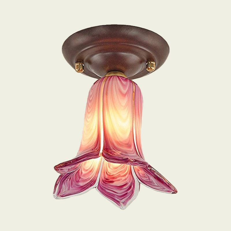 Countryside 1-Light Metal Ceiling Lamp for Living Room LED Flush Mount Lighting - Lily/Tulip Design in White/Yellow/Purple