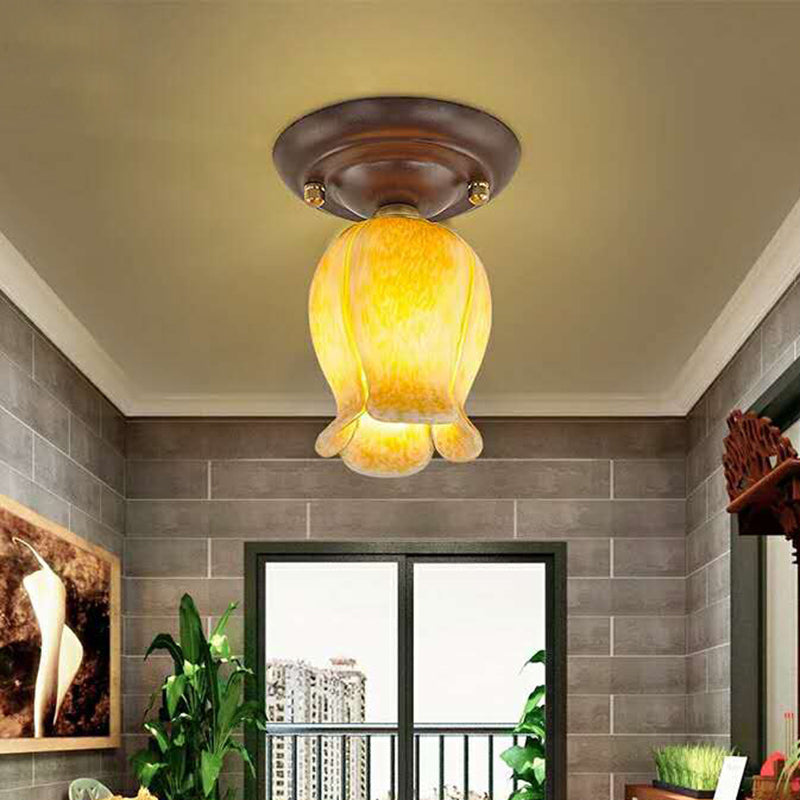 Countryside 1-Light Metal Ceiling Lamp for Living Room LED Flush Mount Lighting - Lily/Tulip Design in White/Yellow/Purple