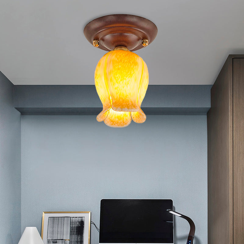 Countryside 1-Light Metal Ceiling Lamp for Living Room LED Flush Mount Lighting - Lily/Tulip Design in White/Yellow/Purple