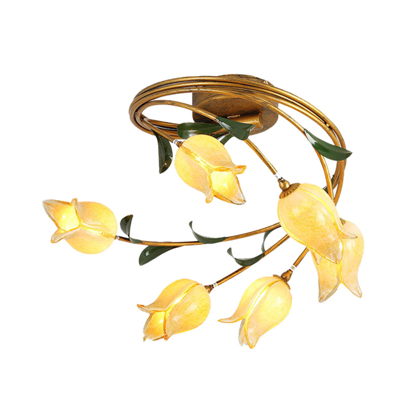 Tulip Ceiling Light: 6-Bulb LED Semi Flush Mount in Brass for Living Room