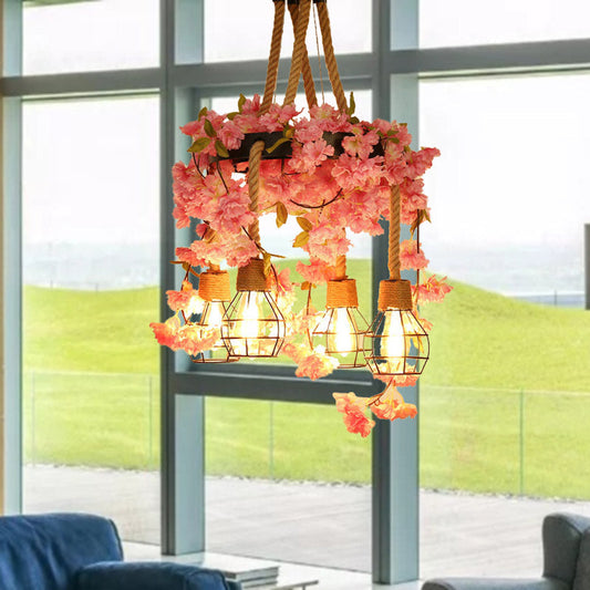Antique Pink/Rose Red Metal LED Flower Cluster Pendant Lamp - 4/6 Lights - Ideal for Restaurants