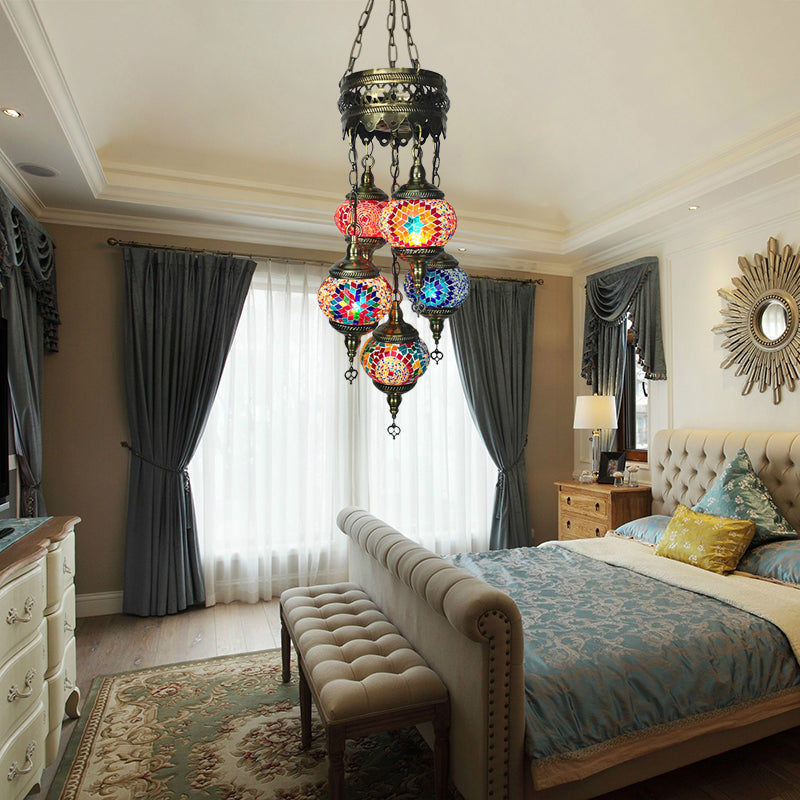 Vintage Stained Art Glass Chandelier - 5-Light Fixture For Bedroom Décor Orange/Blue
