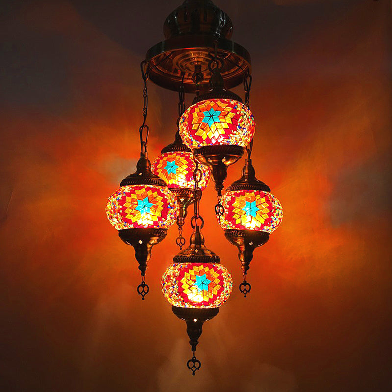 Vintage Stained Art Glass Chandelier - 5-Light Fixture For Bedroom Décor Orange/Blue