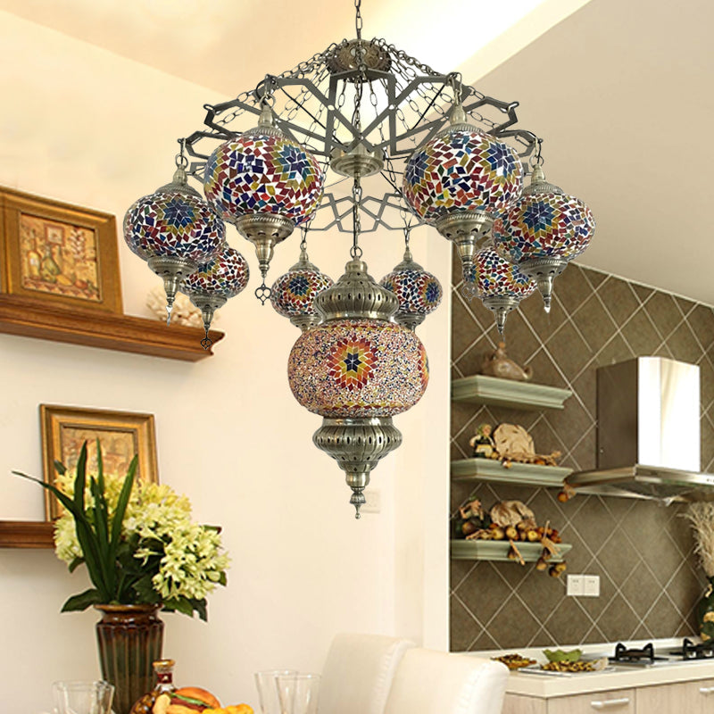 Vintage Stained Art Glass Chandelier - Red/Blue 9-Head Ceiling Light Fixture