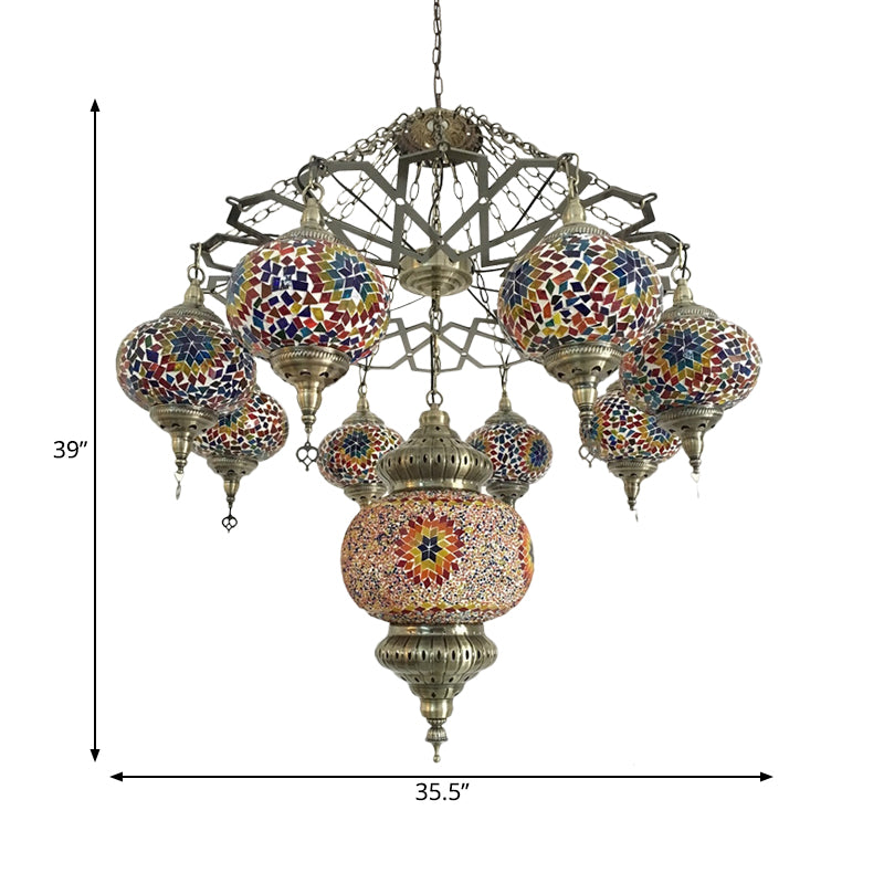 Vintage Stained Art Glass Chandelier - Red/Blue 9-Head Ceiling Light Fixture