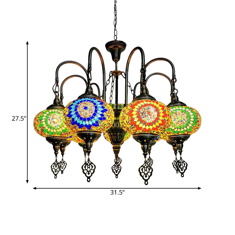 Vintage Yellow/Green Hand Cut Glass Chandelier Lighting - 9 Heads Oval Ceiling Pendant Light