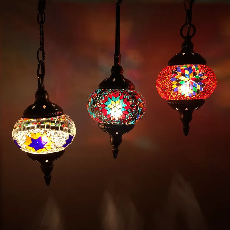 Oval Cluster Pendant Light In Vibrant Red/Yellow/Orange With Hand Cut Glass - 3 Hanging Heads Red