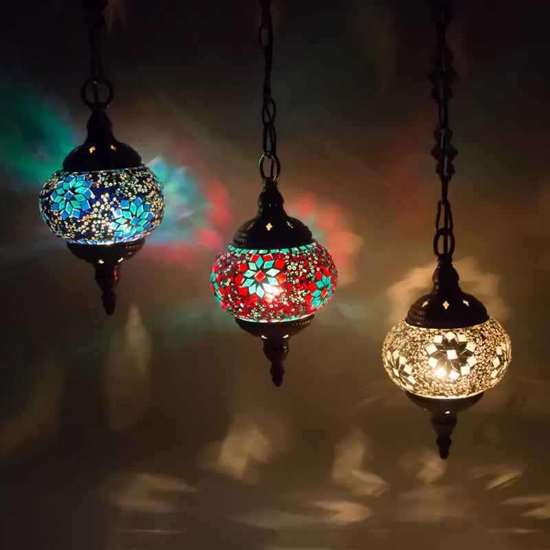 Vintage Stained Glass Bedroom Pendant - Red/Yellow/Green Oval Cluster Lamp With 3 Heads