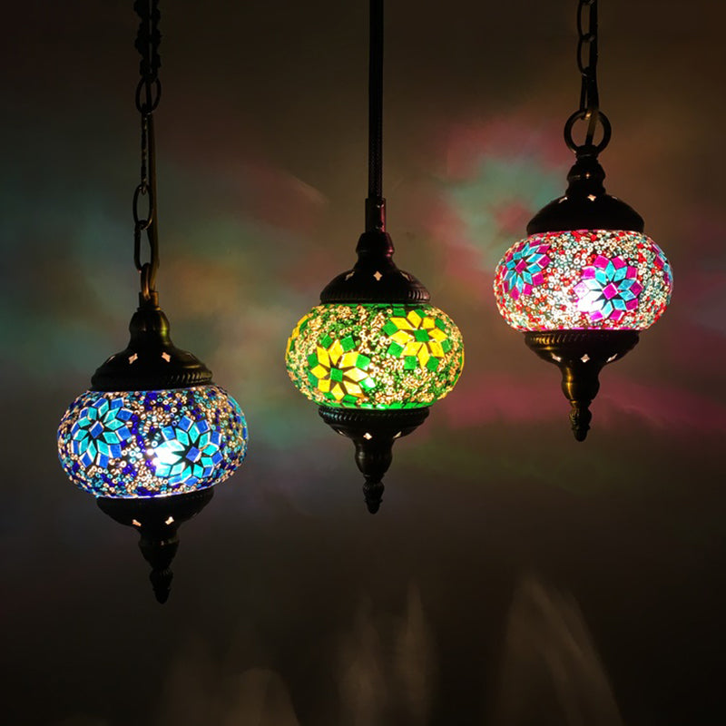 Vintage Stained Glass Bedroom Pendant - Red/Yellow/Green Oval Cluster Lamp With 3 Heads Purple