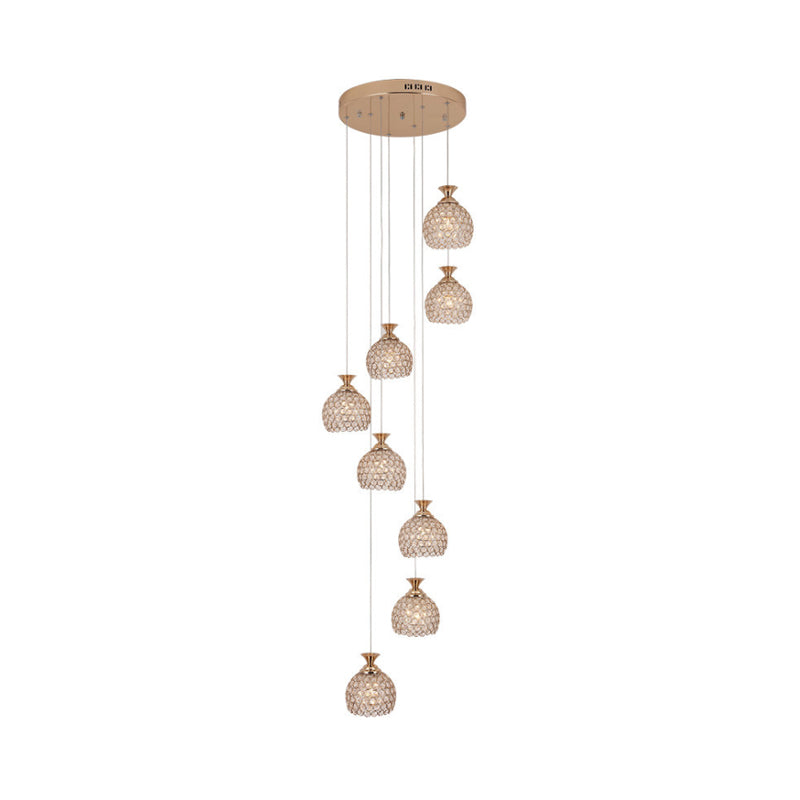 Contemporary Gold 8-Light Crystal Dome Pendant with Spiral Design
