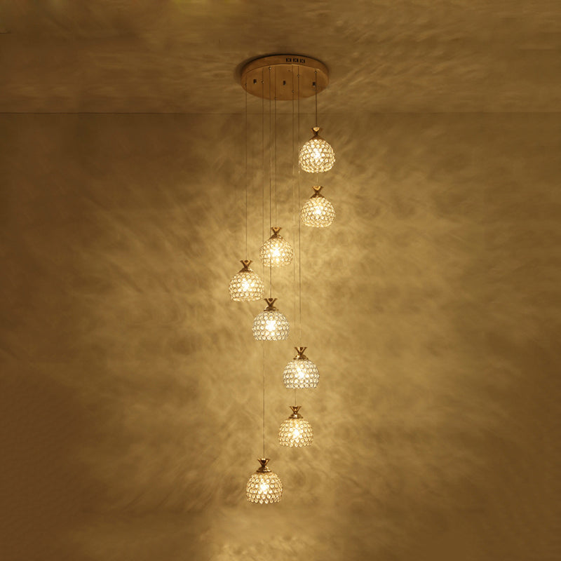 Contemporary Gold 8-Light Crystal Dome Pendant with Spiral Design