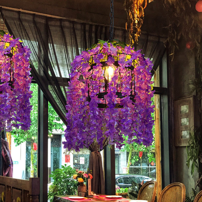 Suspension à tambour vintage - Kit de suspension à 1 lampe en métal à LED en forme de fleur (rose/violet) pour restaurants