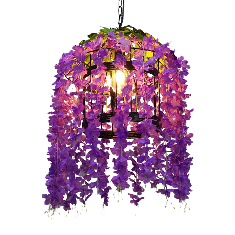 Suspension à tambour vintage - Kit de suspension à 1 lampe en métal à LED en forme de fleur (rose/violet) pour restaurants
