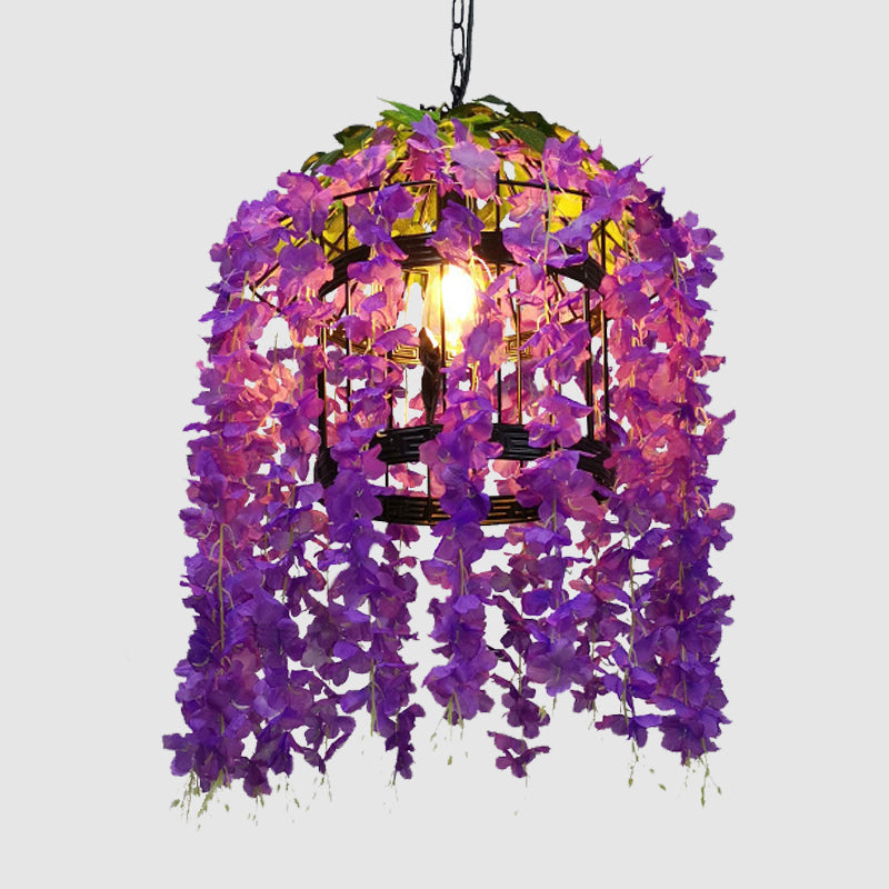 Suspension à tambour vintage - Kit de suspension à 1 lampe en métal à LED en forme de fleur (rose/violet) pour restaurants