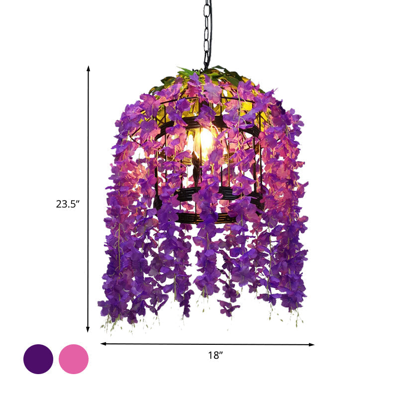 Suspension à tambour vintage - Kit de suspension à 1 lampe en métal à LED en forme de fleur (rose/violet) pour restaurants