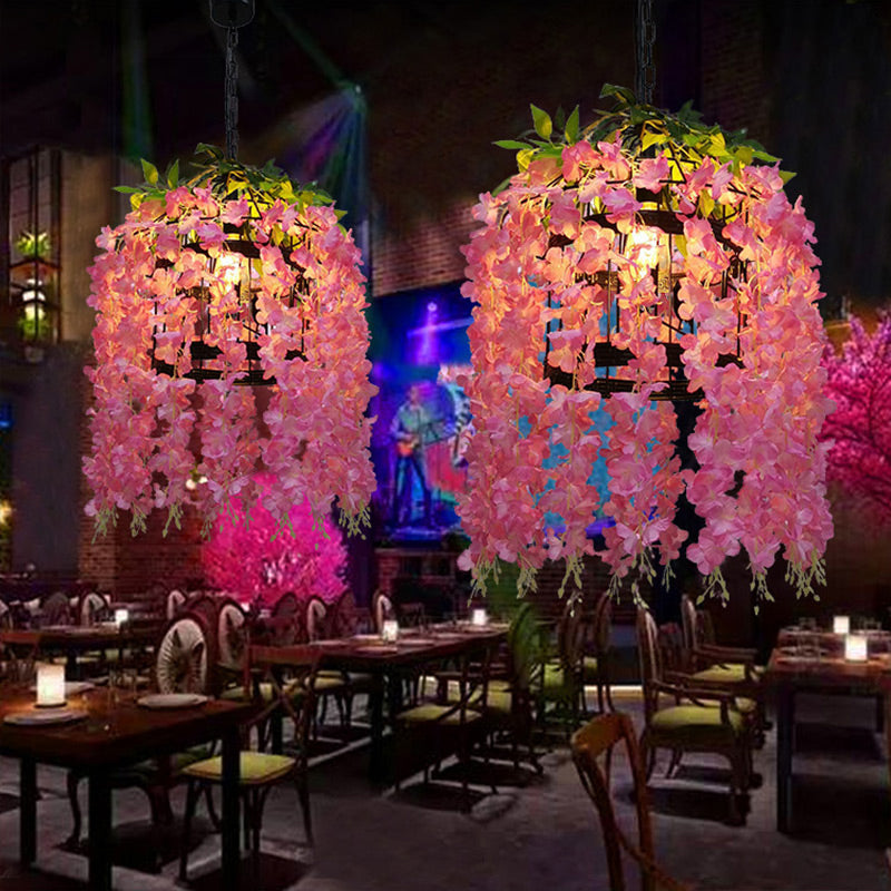 Suspension à tambour vintage - Kit de suspension à 1 lampe en métal à LED en forme de fleur (rose/violet) pour restaurants