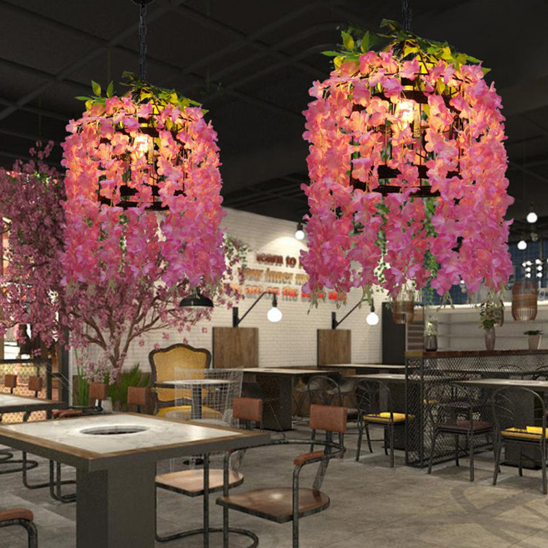 Suspension à tambour vintage - Kit de suspension à 1 lampe en métal à LED en forme de fleur (rose/violet) pour restaurants