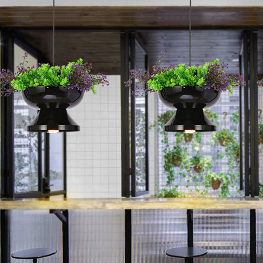 Metal Pendant Lamp: Antique Black Hot Pot Shape with LED Down Lighting & Plant Decoration