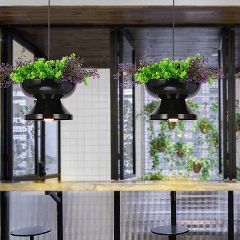 Antique Black Metal Pendant Lamp With Led Down Lighting - Restaurant Décor And Plant Accent