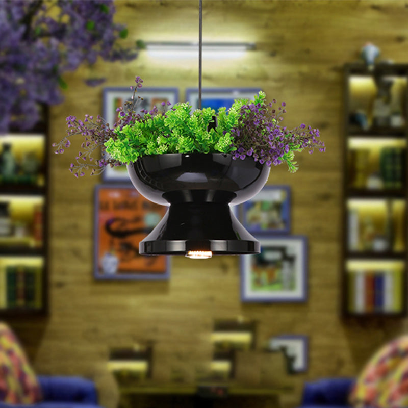 Metal Pendant Lamp: Antique Black Hot Pot Shape with LED Down Lighting & Plant Decoration