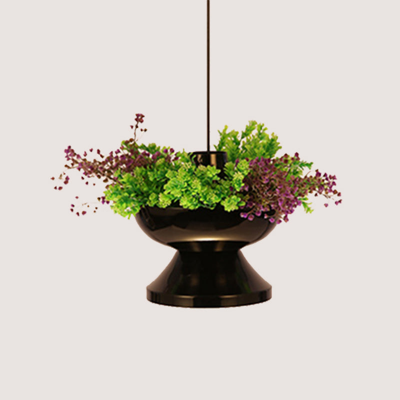 Metal Pendant Lamp: Antique Black Hot Pot Shape with LED Down Lighting & Plant Decoration