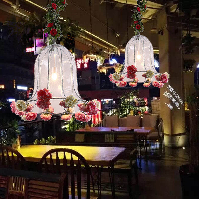 Suspension industrielle en forme de cloche chromée avec décor de rose - Kit de lampe suspendue à 1 ampoule LED pour restaurants - Luminaire en métal de 16"/23,5" de largeur