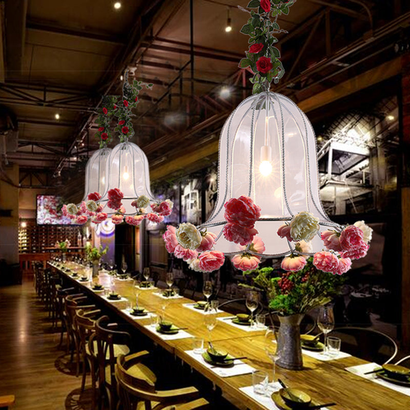 Suspension industrielle en forme de cloche chromée avec décor de rose - Kit de lampe suspendue à 1 ampoule LED pour restaurants - Luminaire en métal de 16"/23,5" de largeur
