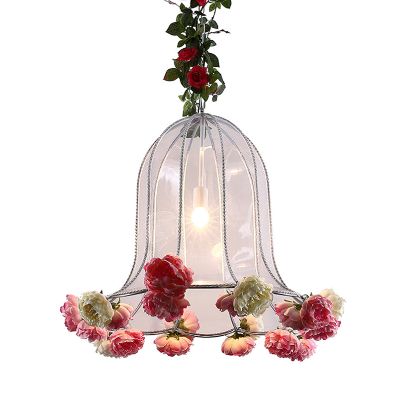 Suspension industrielle en forme de cloche chromée avec décor de rose - Kit de lampe suspendue à 1 ampoule LED pour restaurants - Luminaire en métal de 16"/23,5" de largeur