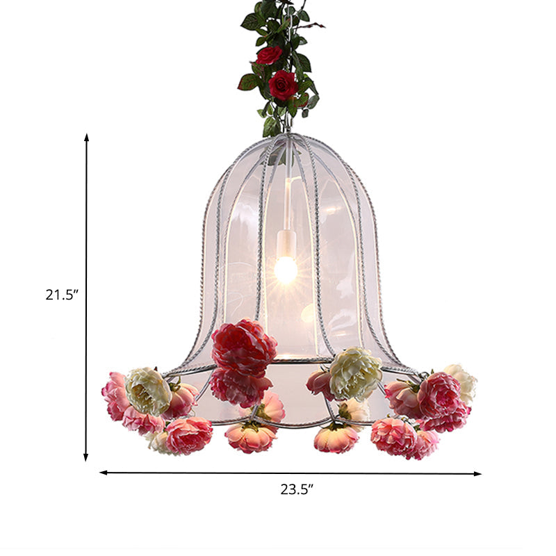 Suspension industrielle en forme de cloche chromée avec décor de rose - Kit de lampe suspendue à 1 ampoule LED pour restaurants - Luminaire en métal de 16"/23,5" de largeur