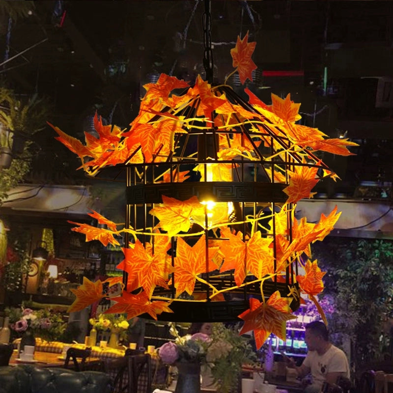 Vintage Black Metal Led Pendant With Maple Leaf For Restaurant