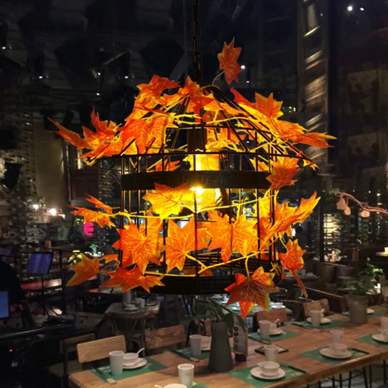 Vintage Black Metal Led Pendant With Maple Leaf For Restaurant