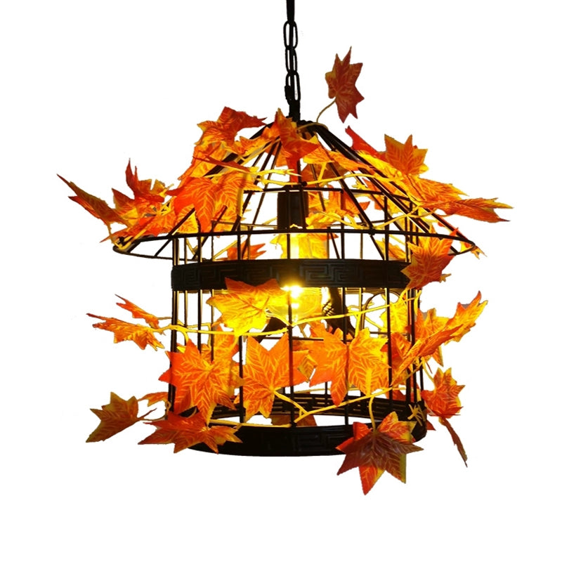 Vintage Black Metal Led Pendant With Maple Leaf For Restaurant