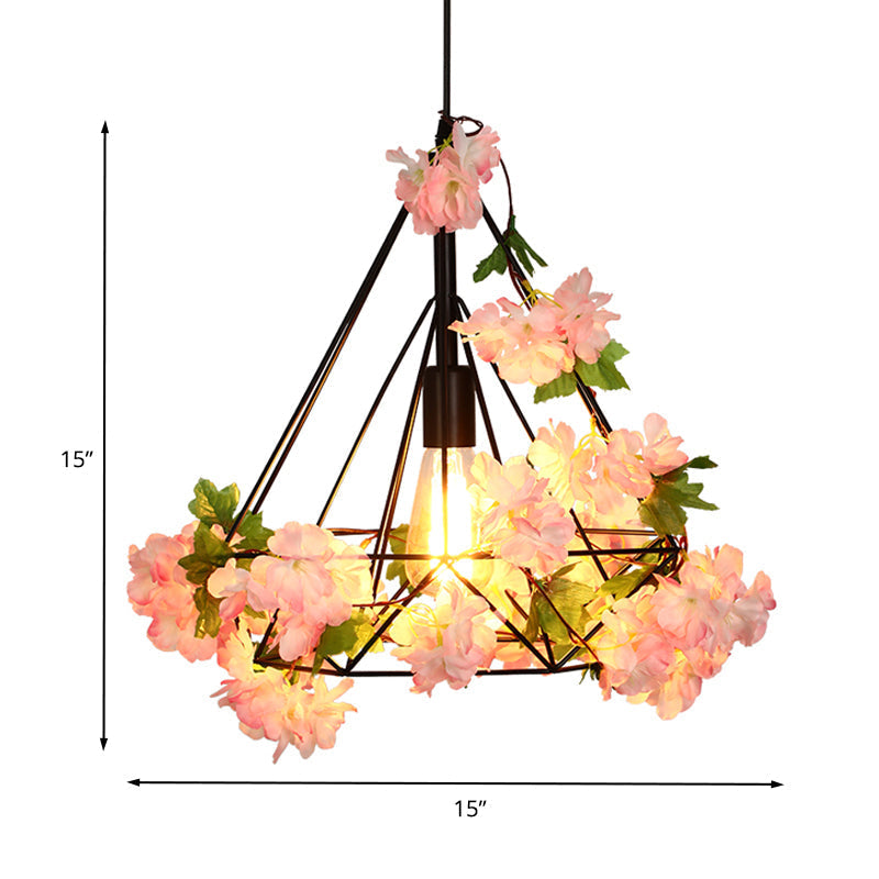 Antique Diamond Metal Pendant LED Ceiling Light with Cherry Blossom Design for Restaurants - Available in 10"/15"/18" W