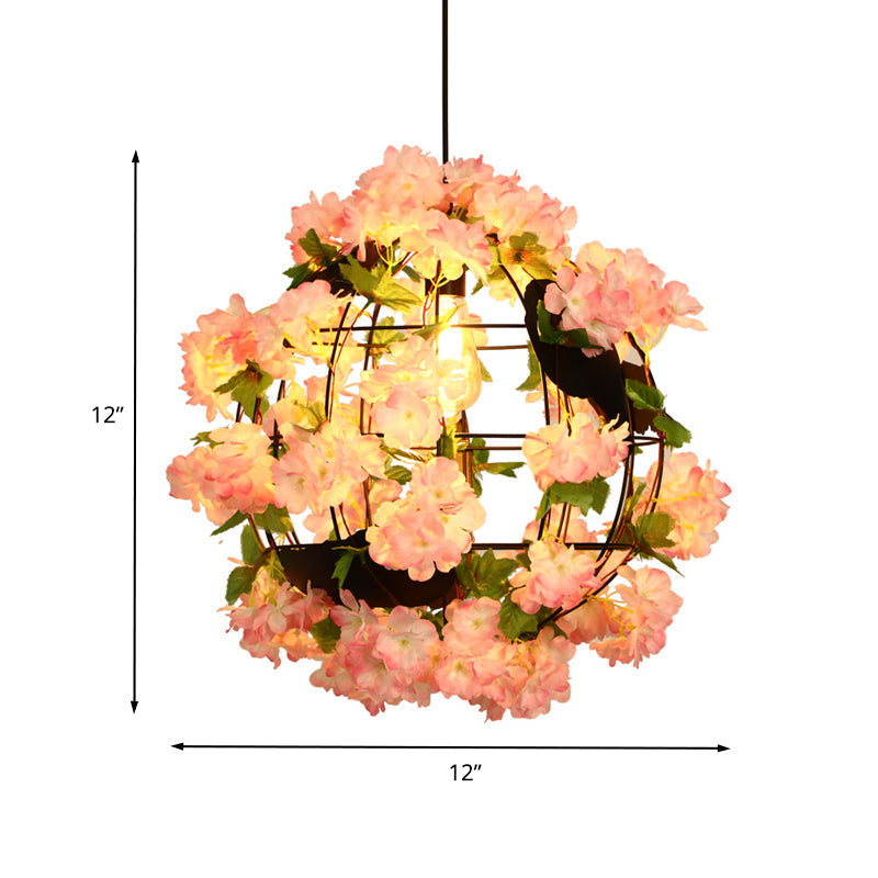 Industrial LED Drop Lamp Pendant - Metal Black Orb, 12"/16" Diameter, 1 Head, Cherry Blossom Design