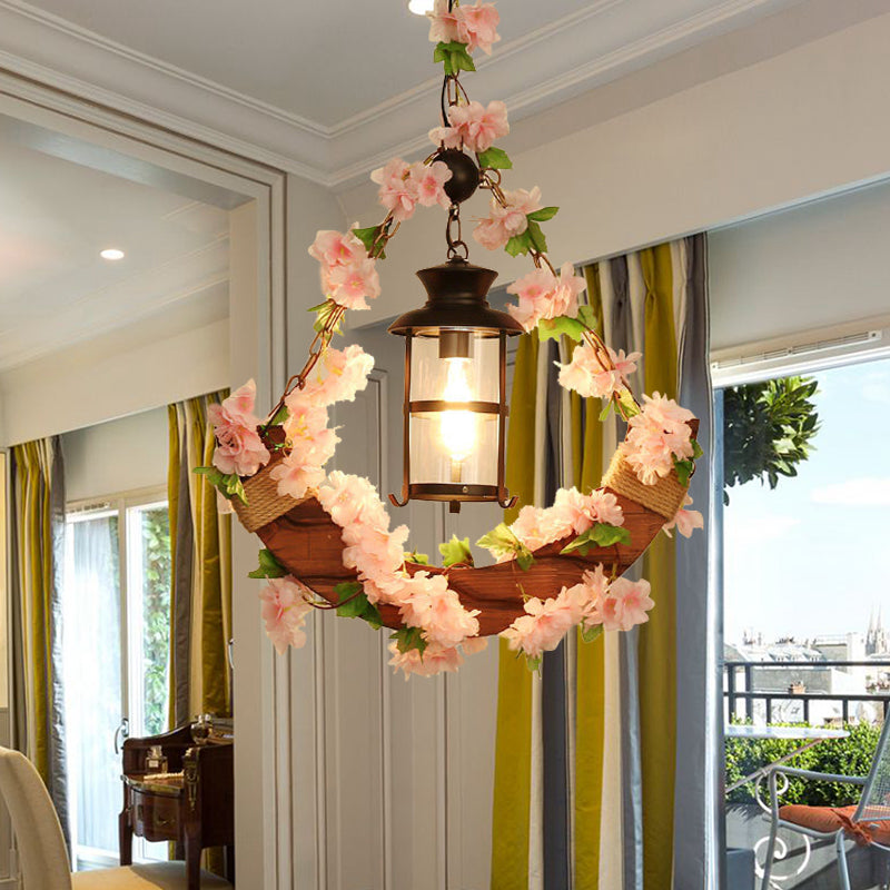Vintage Lantern Suspension Lamp - 1 Head Metal Led Pendant Light In Pink/Green Plant/Cherry Blossom