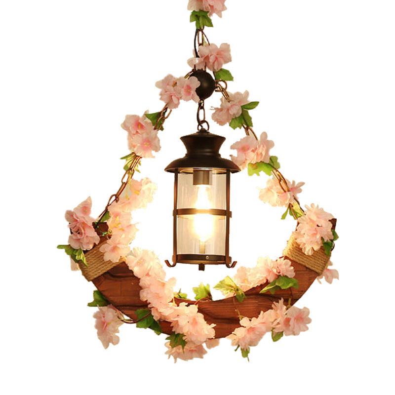 Vintage Lantern Metal LED Pendant Light in Pink/Green with Plant/Cherry Blossom for Restaurant