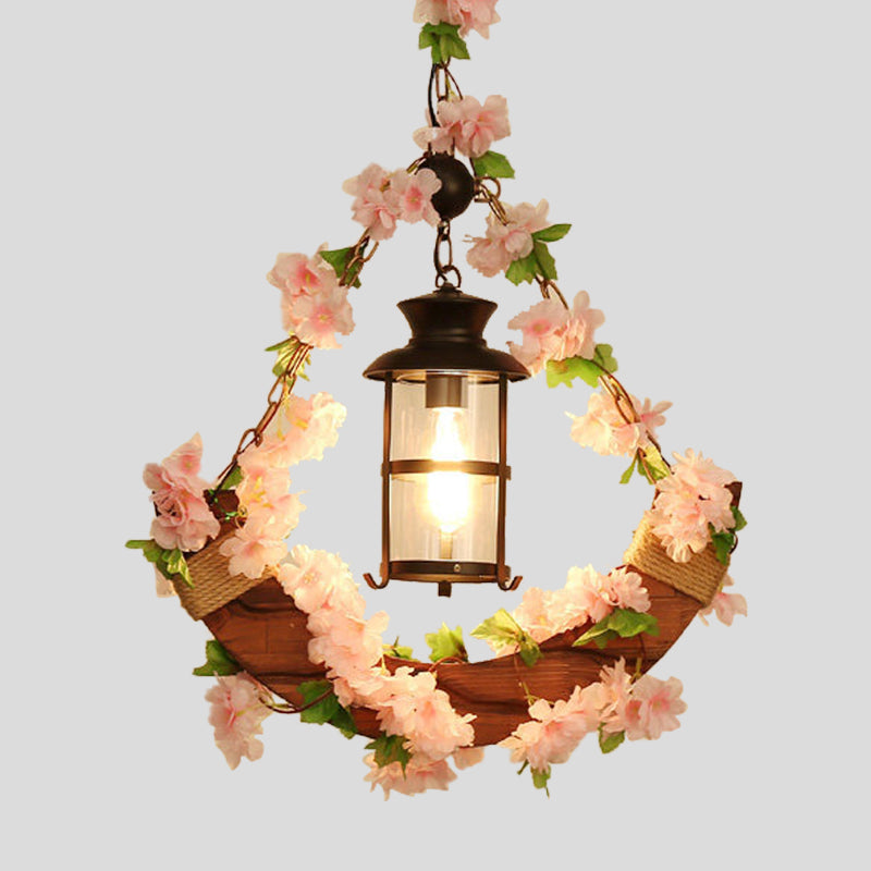Vintage Lantern Suspension Lamp - 1 Head Metal Led Pendant Light In Pink/Green Plant/Cherry Blossom