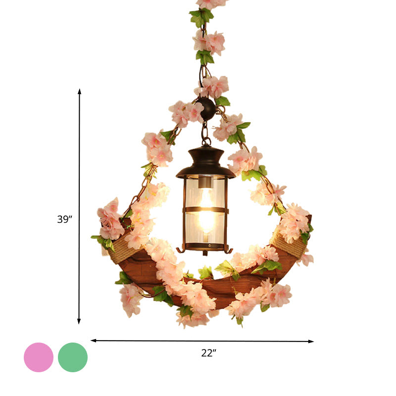 Vintage Lantern Metal LED Pendant Light in Pink/Green with Plant/Cherry Blossom for Restaurant